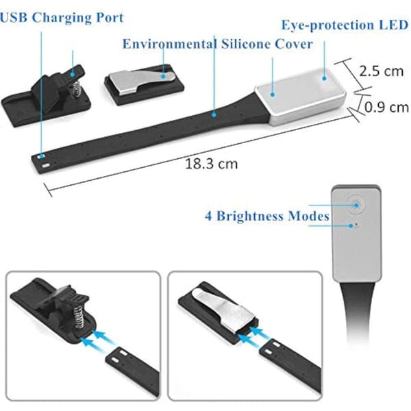 USB uppladdningsbar LED-läslampa, för böcker, tidskrifter, e-böcker, surfplattor, resor.