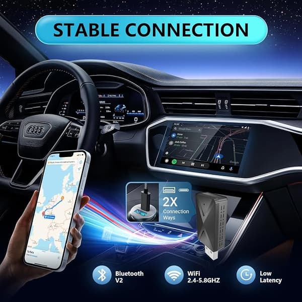 2-in-1 langaton sovitin Apple CarPlaylle ja Android Autolle, iOS 10+ ja 2017+ autoihin.