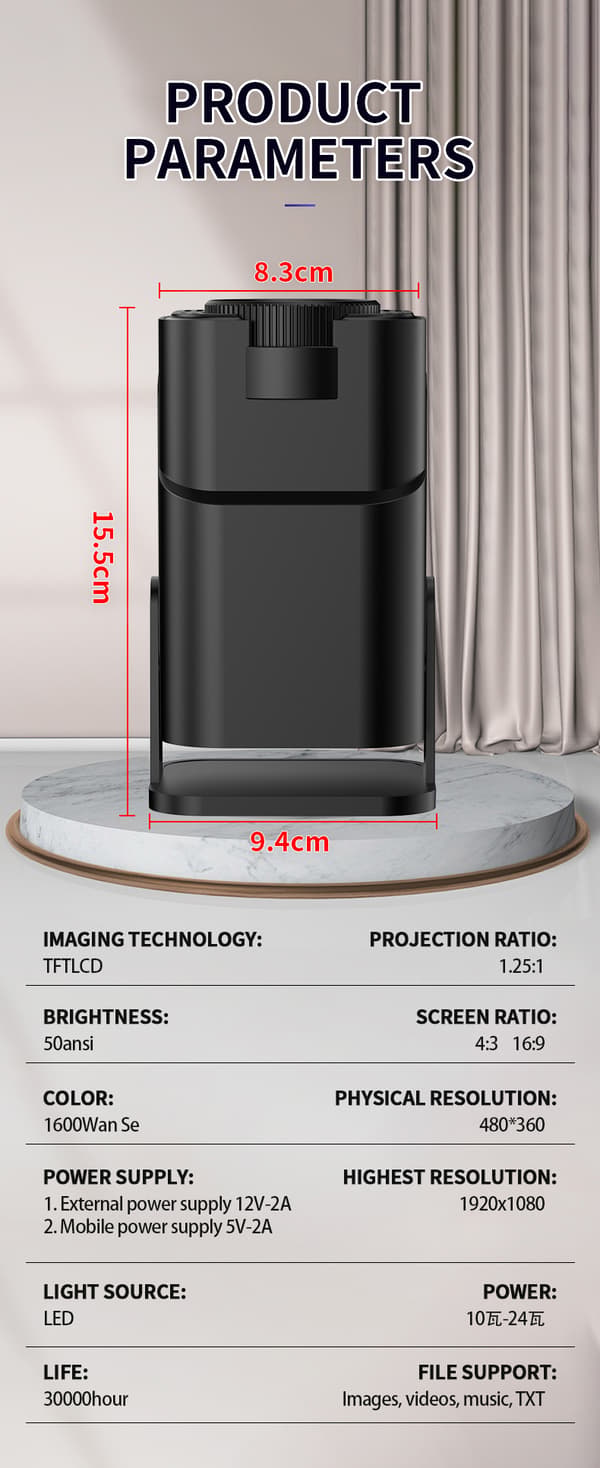 Miniprojektor Biograf Utomhusprojektor 180° Rotation