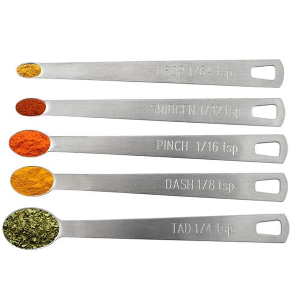 5 STK Rustfrit Stål Mini Måleskeer til Krydderier, Tørre og Flydende Ingredienser
