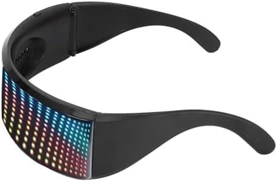 LED-oplyste festbriller med Bluetooth-forbindelse, der muliggør programmering af tekst og animationer via en app.