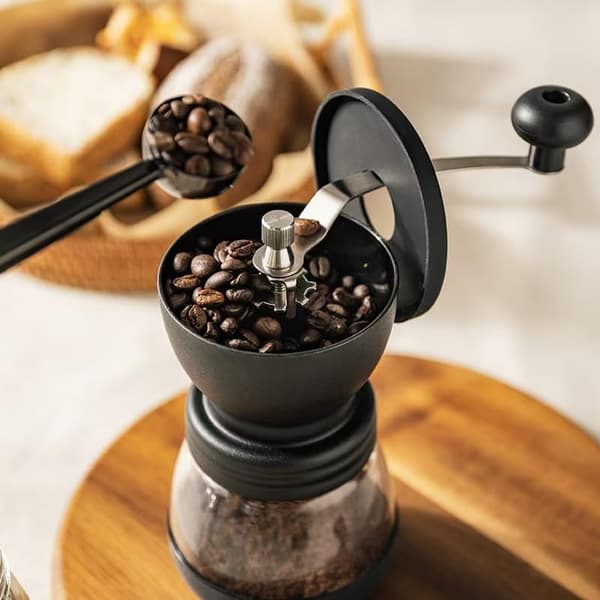 Manuel kaffekværn, håndsvinget kaffemaskine, glashus, sort.