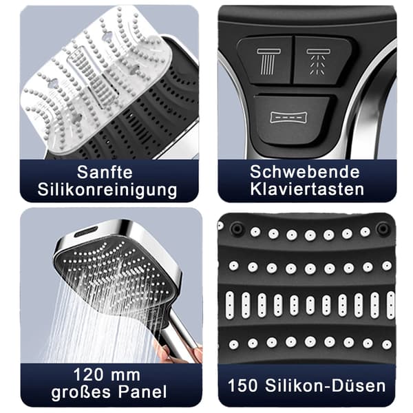 Brusehoved, håndbruser, stort brusehoved, vandbesparende højtryksbrusehoved, sølv (med sort panel)