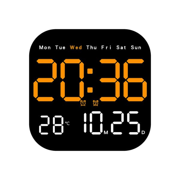 Multifunktionell LED-väggklocka, fjärrkontroll, timer, nedräkning, temp. display, orange