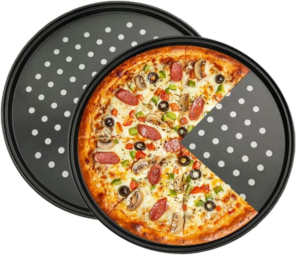 4 runde pizzapander - Pizzabagepander - Runde - Non-stick belægning - Grå perforeret