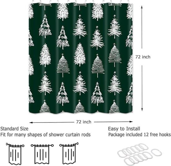Grön Vintertall Tema Julduschdraperi med Krokar, Festlig Vattentät Polyester Badrumsdekoration, 180x180cm