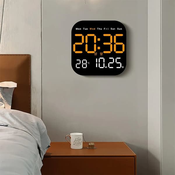 Multifunktionell LED-väggklocka, fjärrkontroll, timer, nedräkning, temperaturvisning, blå.