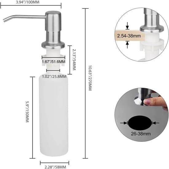 Indbygget sæbedispenser til vasken, opvaskemiddeldispenser med pumpe til under vasken og en 300 ml flaske, rustfrit stål