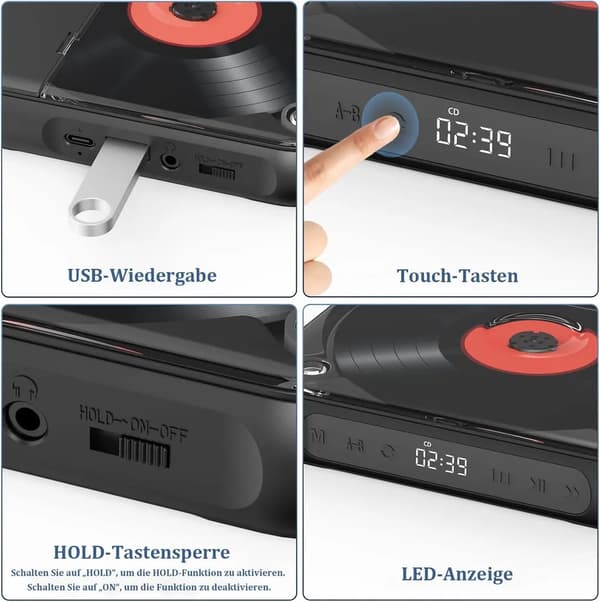 Kompakt ultratunn bärbar Bluetooth CD-spelare med USB-C snabbladdning, stöder MP3/WMA (Lila)