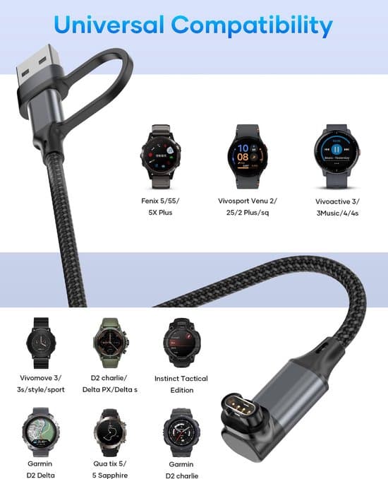 2-i-1 1,2M USB-C & USB-A opladerkabel til Garmin Fenix 8/7/6, Vivoactive, Forerunner