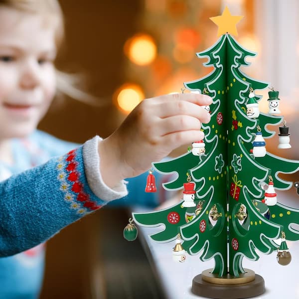 Julekalender med 30 træjulepynt, 24-dages nedtælling til jul, bordpynt til børn - Grøn