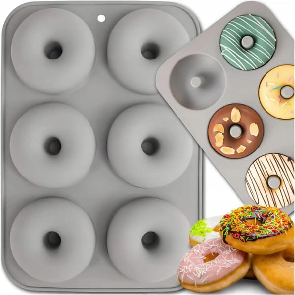 6-hålsdesign, blå, grå och rosa bakformssats för munkar, för hembakning, silikonmunkformar, 3-pack bagelformar