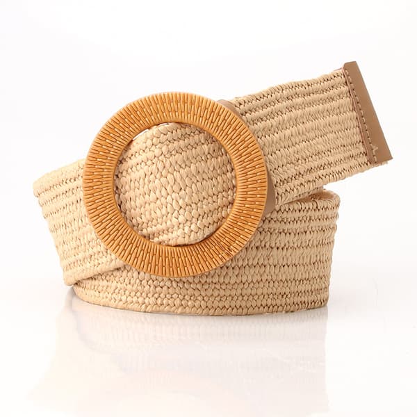 Två elastiska midjeband för kvinnor, halm med vävda träspännen (vit, ljusbeige).