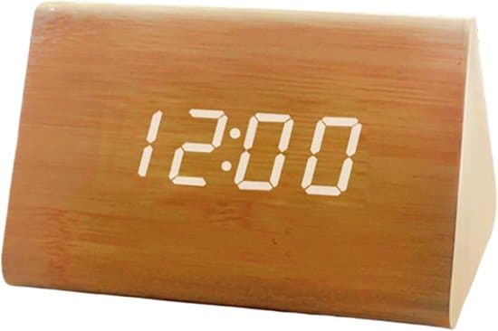 Modern digital LED-väckarklocka i trä med 3 larminställningar för sovrum (naturträ)