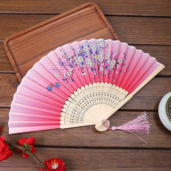 Lyxig blommig dekorativ handfläkt i bambu (rosa blomma 02)
