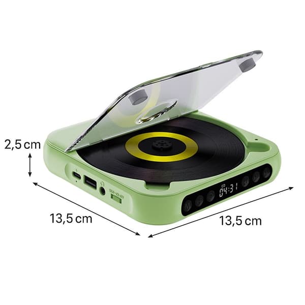 BT CD-spelare, stöder USB-C snabbladdning – Ultratunn & kompakt – Stöder MP3/WMA-format – Lämplig för användning på språng & hemma – Grön
