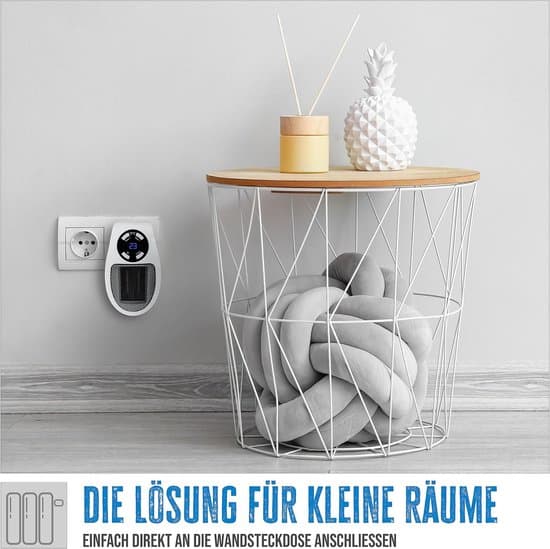 Mini-stikvarmer, PTC keramisk varmeelement, 90° drejelig stikprop, timerfunktion, LED-display, justerbar