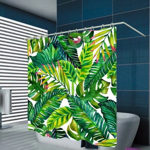 200x180cm Mörkgrön Monstera Blad Duschdraperi i Polyester med 12 Krokar
