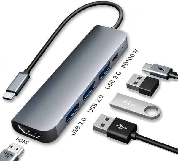 USB-C multifunktionsadapter, 5-i-1 dockningsstation, stöder 100W PD snabbladdning, HDMI 4K dubbel bildskärmsadapter, 3 USB-dataportar, lämplig