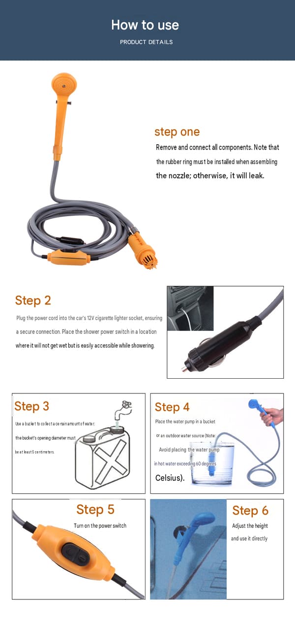 Bärbar campingdusch med vattenpump - bilkontakt.