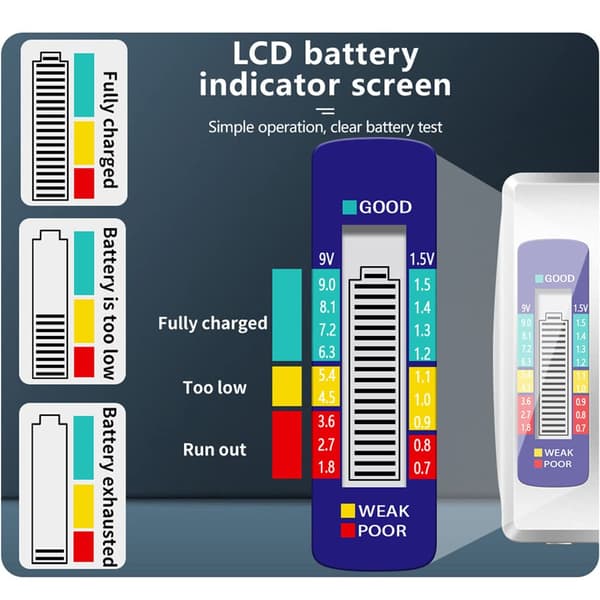 Universal digital batteritester, egnet til alle C, AA, AAA, DN 9V 6F22 1.5V knapcellebatterier.