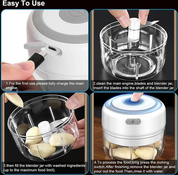 Vit hackare 250 ml, USB-laddningsbar, en-trycks, WP, SS-blad för vitlök & grönsaker