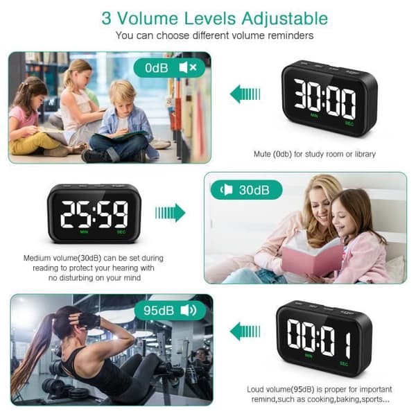 Digital timer, positiv og negativ timing, magnetisk bagpanel, justerbar lydstyrke og lysstyrke.
