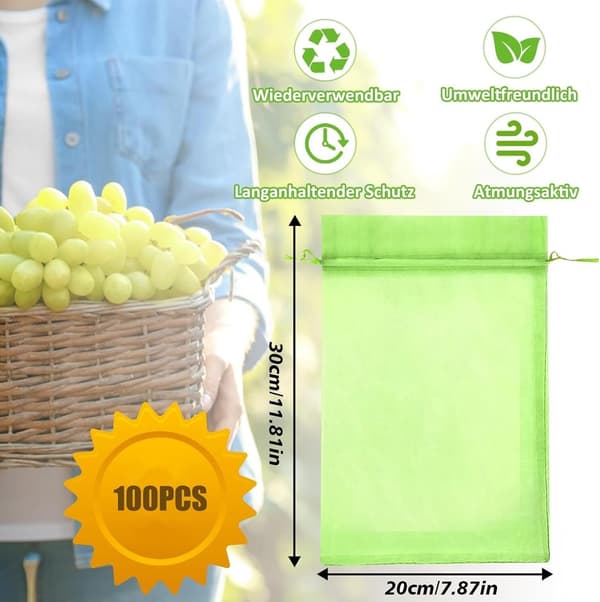 Druvskyddspåsar, 100-pack, fruktskyddspåsar, organzapåsar med dragsko, 30x20 cm växtskyddspåsar, fruktskyddspåsar