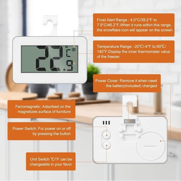 To mini digitale termometre, frysertermometer, køleskab digitalt termometer, batterifri.