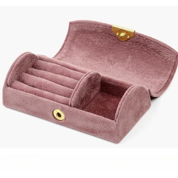 Bärbar Rese Mini Smyckeskrin Sammet Ring Örhänge Organizer - Rosa