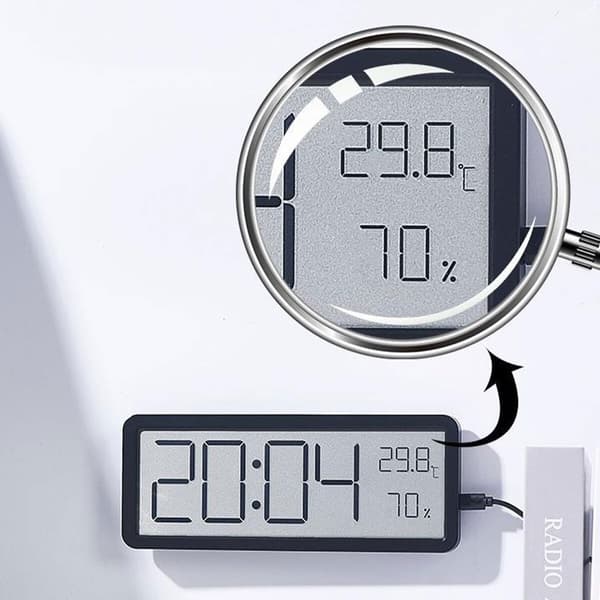 Digital väggklocka, klocka, väggdekoration, visar temp., datum & luftfuktighet, 20 cm, svart