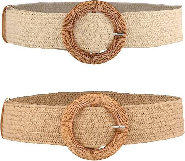 Två elastiska midjeband för kvinnor, halm med vävda träspännen (vit, ljusbeige).