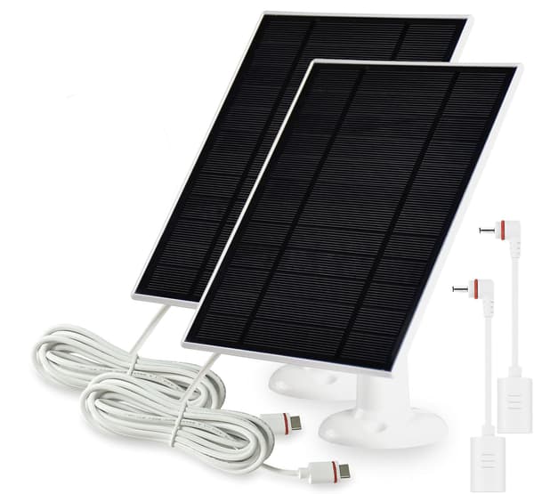 Solpaneler til Ring Stick Up Cam/Pro-batterier og Ring Spotlight Cam Plus/Pro-batterier, 2-pak, med USB-C til stikadapter.