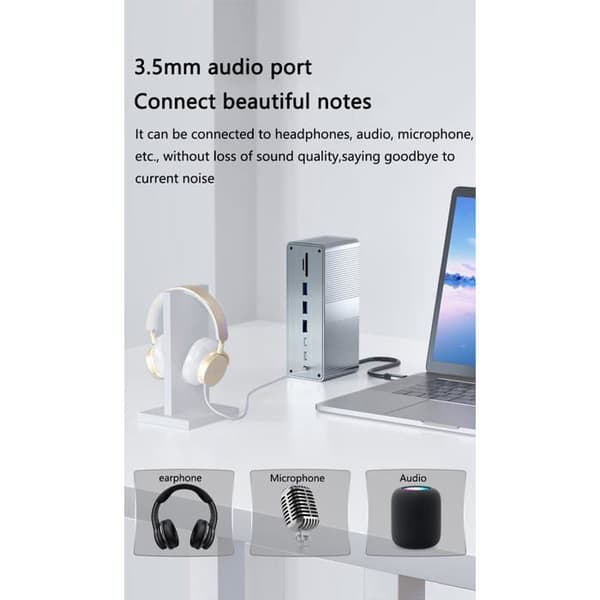13-i-1 USB-C dockningsstation - Stöder 4K@30Hz projektion - Stöder 100W PD snabbladdning - Gigabit Ethernet-port