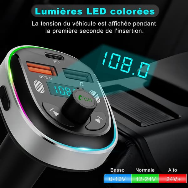 Bil Bluetooth 5.3 FM-sändare med PD 30W snabbladdning + QC3.0 stöder USB-uppspelning