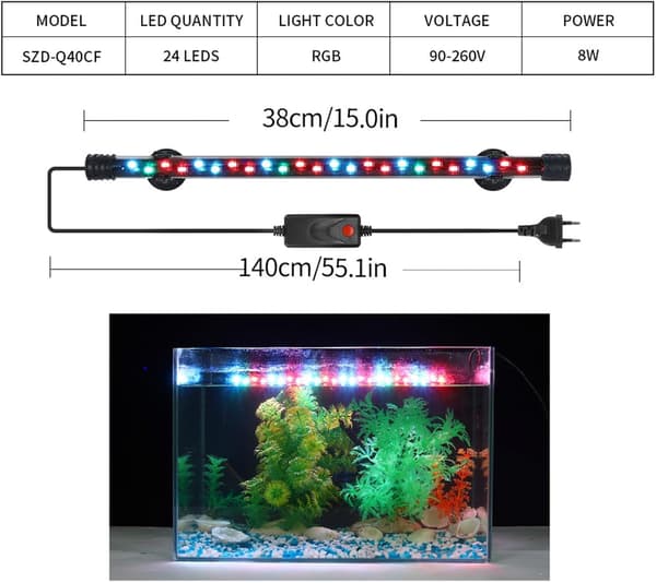En 38 cm LED-lysstribe til akvarier, velegnet til akvarier og akvarieplanter.