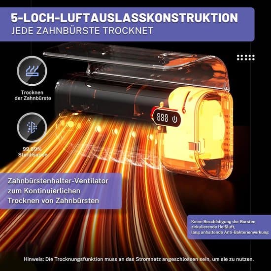 UV-tandbørstesterilisator med holder til 5 tandbørster | Vægmontering, tørrefunktion