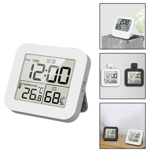 Digitalt termometer og hygrometer, med ur og timer, 12/24-timers format, nedtællingstimer, 2 alarmer, hvid.