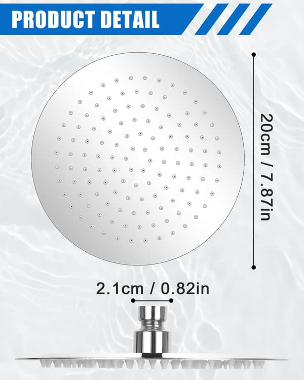 8-tommer/20-centimeter rundt brusehoved, 360° roterende, rustfrit stål.