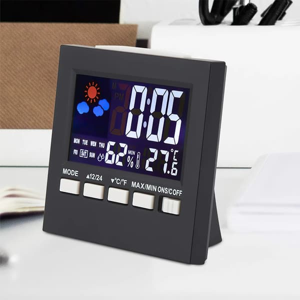 Dette radiostyrede digitale vækkeur har lydkontrol, baggrundsbelysning, termometer og hygrometer