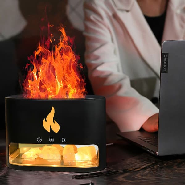 Luftfugter, flamme aroma diffuser, forstøver m/ flammeeffekt timer, 250 ml vandtank, 4 farveskift