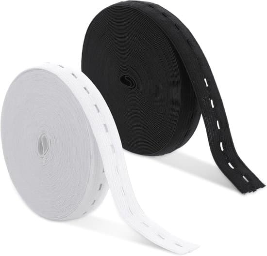 To 20 mm, 10 meter lange elastikker med knaphuller, til syning af elastiske linninger og bukseelastikker.