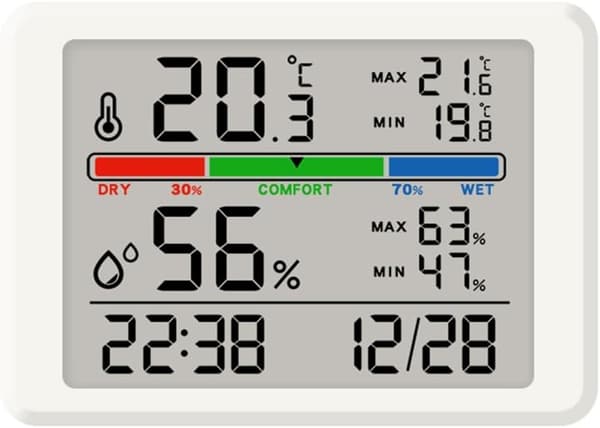 Digital termometer och hygrometer med klocka och fuktighetsdisplay - vit