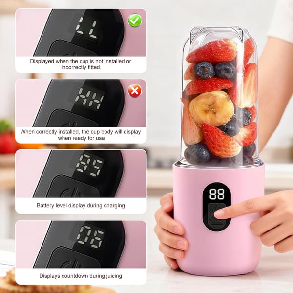 500 ml blender m/ digitalt display, smoothie maker, 16-bladet elektrisk USB juicer, mini blender