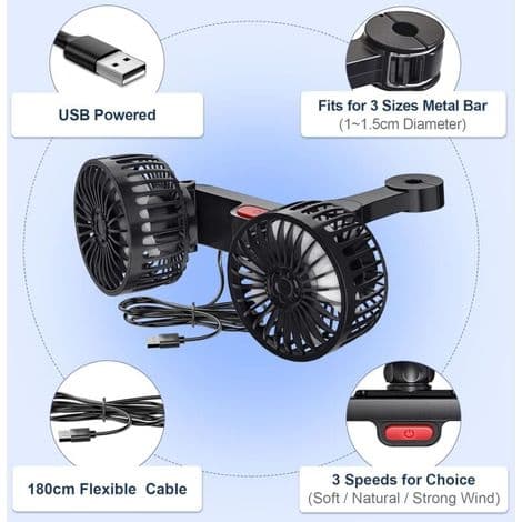 5V 2A Dobbelt-hoved Bilventilator, USB Ventilator Køler, 3-Hastighed, Kraftig Luftstrøm