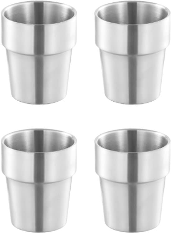 4-pak dobbeltvæggede stabelbare kaffekopper i rustfrit stål (180 ml, sølv)