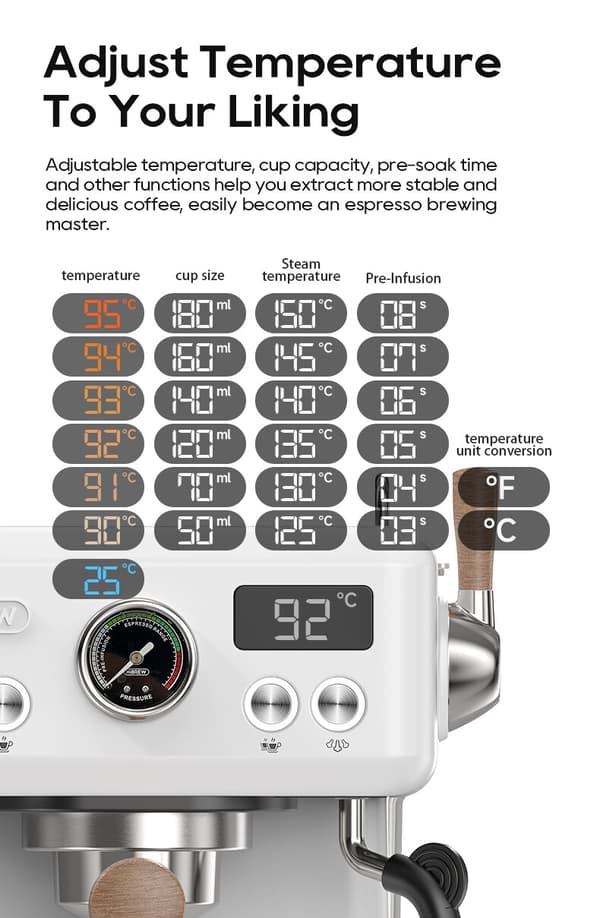 HiBREW H10 Plus White Espressomaskin med PID-temperaturkontroll och justerbart tryck