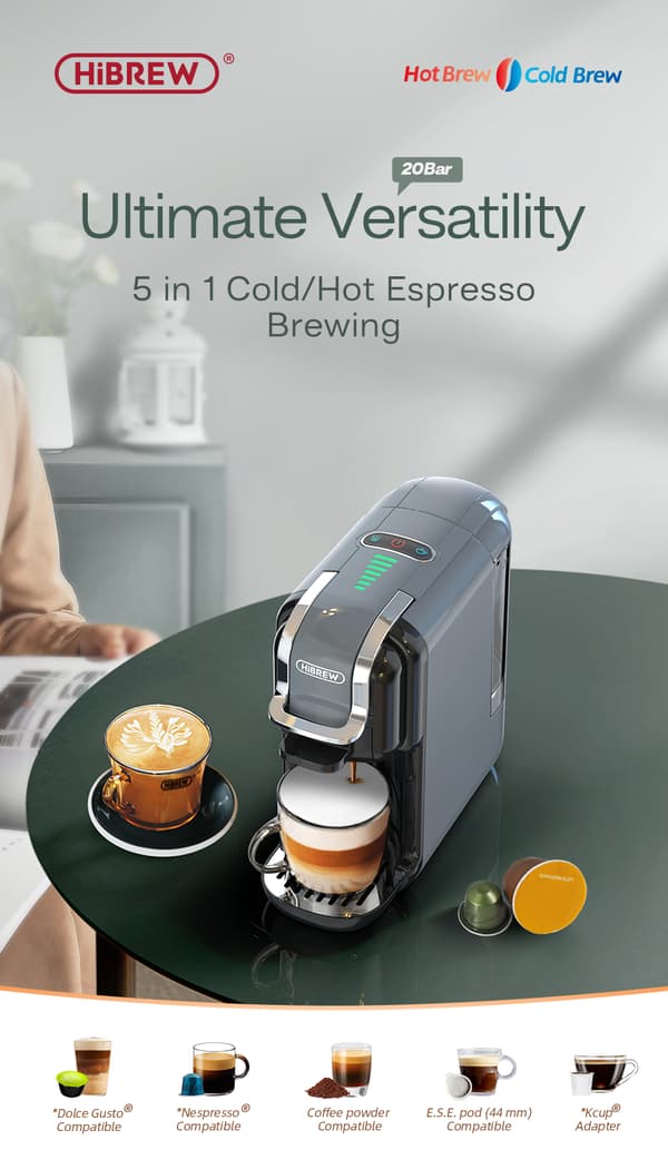 HiBREW H2B Grå Multi-Capsule kaffemaskin för hemmet, kontoret och vardagskaffe