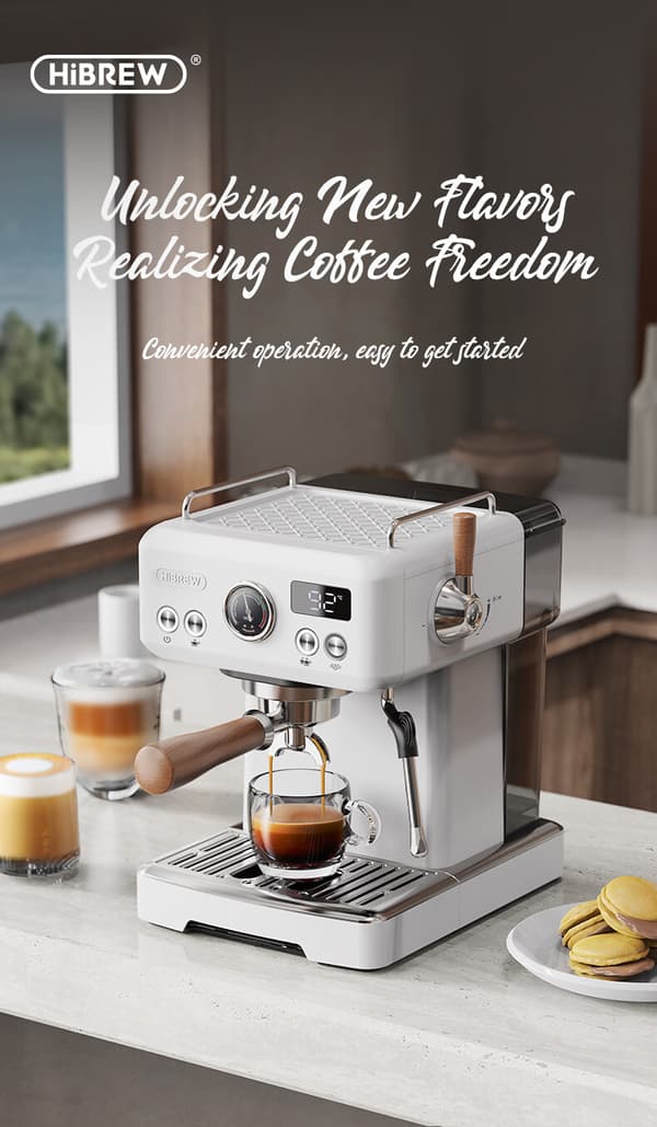 HiBREW H10 Plus White Espressomaskin med PID-temperaturkontroll och justerbart tryck