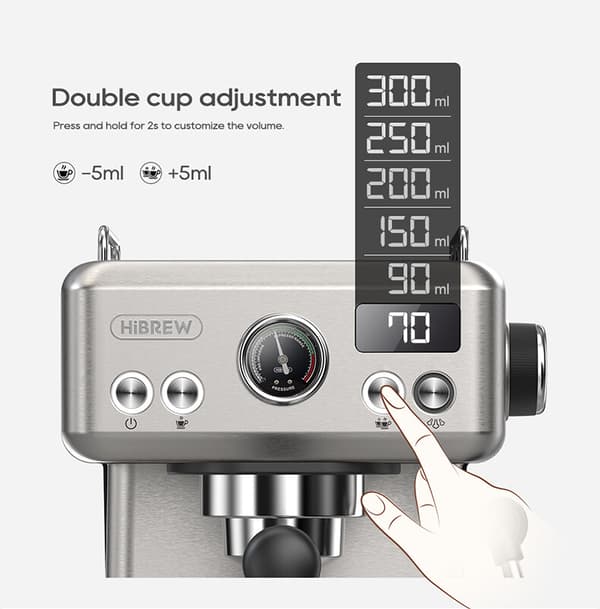 HiBREW H10A rustfrit stål 20-bar espressomaskine med trykmåler og dampstav